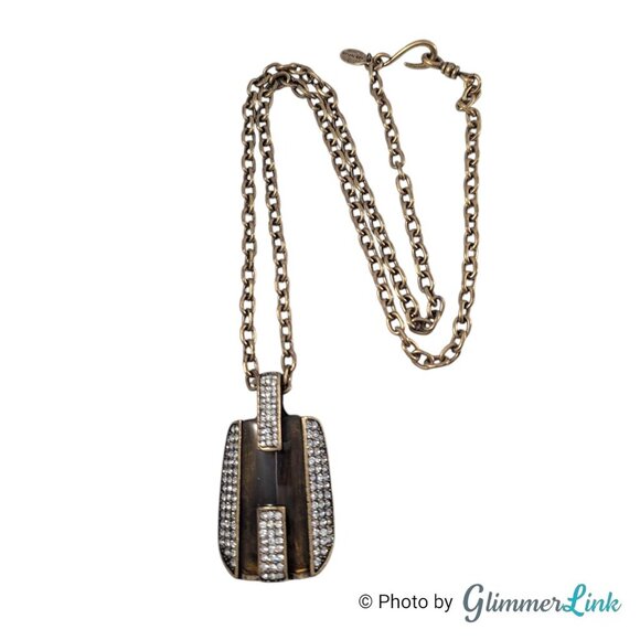 Ann Taylor Bronze Tone Geometric Pave Rhinestone Crystal Pendant Necklace - Picture 1 of 10